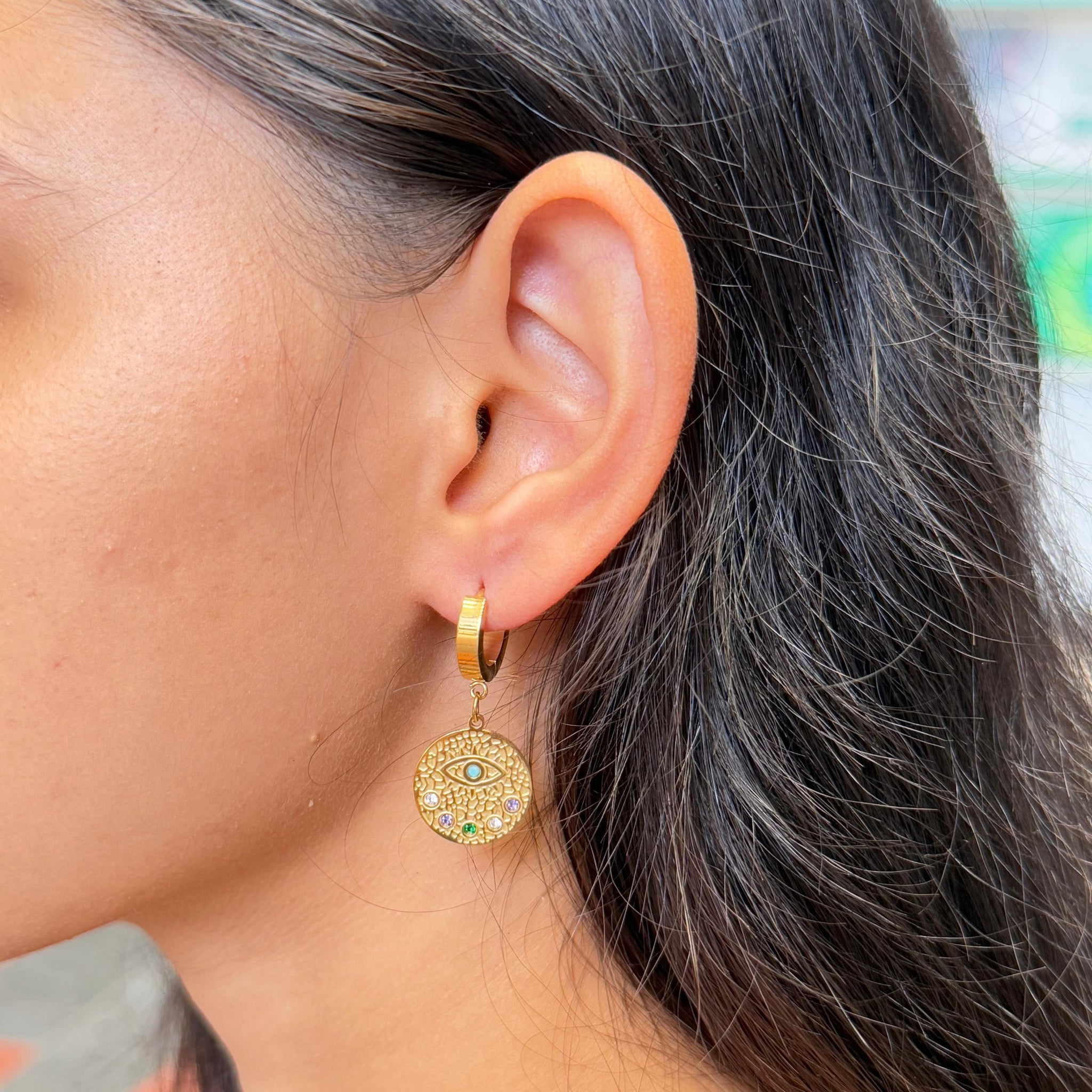 MEDALLION HUGGIE EARRINGS